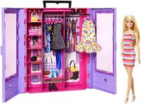 Barbie Fashionistas Ultimate Closet and Doll, One Blonde Barbie Doll with 3 Barbie Outfits, 6 Barbie Hangers and 15 Doll Accessories, Toys for Ages 3 and Up, One Doll and One Closet, HJL66