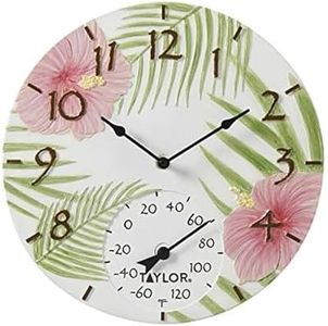 Taylor Pink Hibiscus Poly Resin Indoor and Outdoor Clock and Thermometer, Home Decor for Garden, Patio, Pool, and Indoor Areas, 14-inch, Multi-Color