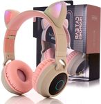 Cat Ear Kids Bluetooth Headphones Wired with Mic for School - Wireless Boy Girls Noise Cancelling Bluetooth Headphones Foldable Children Headsets for iPad Kindle Airplane Travel Tablet (Beige Pink)