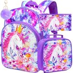 3PCS Girls Backpack, 16” Kids Unicorn Sequin Bookbag and Lunch Box for Kindergarten Elementary