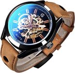 Mens Watches, Mechanical Skeleton Automatic Self-Winding Steampunk Watch for Men, Casual Clock Brown Leather Wrist Watch