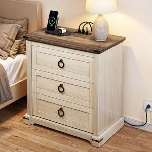 YITAHOME Farmhouse 3-Drawer Nightstand with Built-in USB Charging Ports | Open Shelf Storage Cabinet | End Table for Sofa & Bed | Off-White & Walnut Grain Finish
