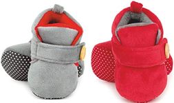 Superminis Baby Shoes/Booties with Wooden Button - Soft Base, Ankle Length, Breathable for Newborn Girls/Boys (Grey and Red, 0-9 Months) Pack of 2