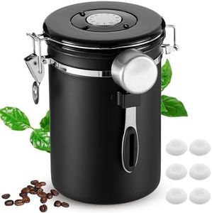Olyzer Stainless Steel Coffee Canister 22 oz, Airtight Coffee Storage Container with Scoop, Date Tracker & CO2 Releasing Valves, for Grounds and Beans, Black