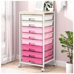 SYKIARIOL Utility Cart with 8 Drawer,Rolling Storage Cart with Wooden Tabletop and Lockable Wheels,Storage Drawer Cart with Large Capacity,Pink