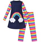 Sunny Fashion Girls Outfit Set Cotton Dress Leggings Rainbow Striped Cloud Pocket Size 7 Years