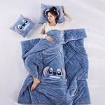 2 in 1 Blanket Pillow, Adorable Cartoon Travel Blankets with Pillow, Super Soft Nap Quilt Air Conditioning Blanket with Plush Pillow, Warm Home Office Blanket Gifts for Friends Famliy (Blue)