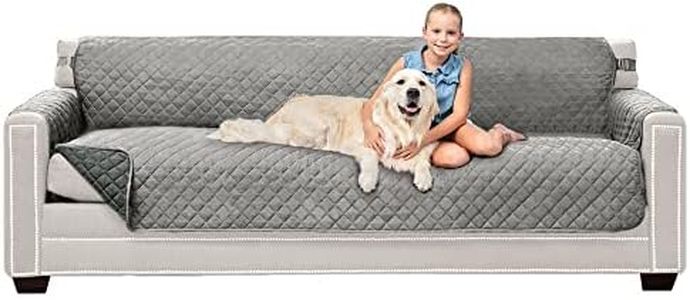 Sofa Sheild Couch Slip Cover with Patented Strap, Cushion Protector, Reversible Stain and Dog Tear Resistant Slipcover, Quilted Microfiber 88” Seat, Washable Covers for Dogs Pets Kids Lt Gray Charcoal