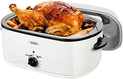 26lb 22-Quart Roaster Oven with Visible Glass Lid, Sunvivi Electric Roaster with Removable Pan & Rack, 150-450°F Full-Range Temperature Control with Defrost/Warm Function, Stainless Steel, White…