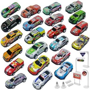 TOYABI Macchinine per Bambini, Matchbox, 22 Pezzi di Auto Giocattolo in Metallo con 8 Blocchi Stradali, Auto da Tirare Indietro 1:64, Regalo per Bambini