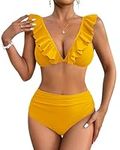 AI'MAGE Womens Bikini Set Ruffle High Waist Sexy Swimsuit Adjustable Straps 2 Pieces Summer Beach Bathing Suit Tummy Control Yellow XL