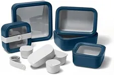 Caraway Glass Food Storage Set, 14 Pieces - Ceramic Coated Food Containers - Easy to Store, Non Toxic Lunch Box Containers with Glass Lids - Includes Storage Organizer & Dot & Dash Inserts - Navy