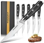 SANDEWILY Steak Knives Set of 6 - Serrated Sharp Blade,Japanese Steak Knives,Full Tang Design,Black Pakkawood Handle Stainless Steel Flatware Cutlery- Gift for Family and Friends,Silver