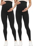 Buttergene Women's Maternity Leggings Over The Belly Pregnancy Active Wear Workout Yoga Tights Pants, 2pack Black*2, Medium