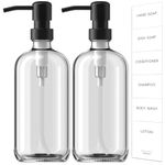 GMISUN Glass Soap Dispenser with Pump, 2 Pack Clear Hand Soap Dispenser with Stainless Steel Pump for Bathroom, 16 Oz Refillable Dish Soap Dispenser for Kitchen, Liquid Pump Bottle Dispensers Set