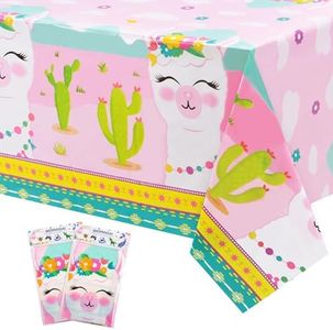 WERNNSAI Llama Table Cover - 2 PCS 108'' x 54'' Alpaca and Cactus Tablecloth Llama Birthday Party Decorations for Kids Girls Pink Birthday Party Decorations