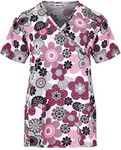 Minty Mint Women's Stretch Printed V-Neck Medical Scrub Top Comfortable Easy Fit Lightweight Durable Soft Everyday Casual Work Dentist Profession Doctor EMT Nurse Veterinarian White Pink M