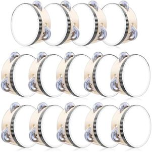 SENONAPO 14 Pcs Wedding Tambourine for Adults 4 Inch Wood Metal Jingles Drum Hand Held Drum Instrument White Musical Educational Percussion for Church Party Games