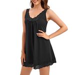 Hotolove Women's Nightgown Sleeveless Sleepwear Full Slip Lace Nightshirt Pleated Scoopneck Nightshirt Black M