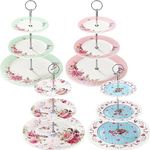 Dandat 4 Pcs 3 Tier Ceramic Cake Stand Floral Cupcake Display Stand Round Porcelain Cupcake Stand Dessert Tower Tray Pastry Serving Tray Platter for Tea Party Wedding Birthday, 4 Designs