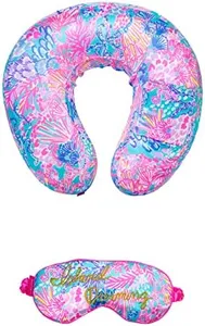 Lilly Pulitzer Travel Pillow and Eye Mask Set, Plush Neck Pillow and Adjustable Sleeping Mask, Cute Travel Accessories for Airplane, Splendor in The Sand