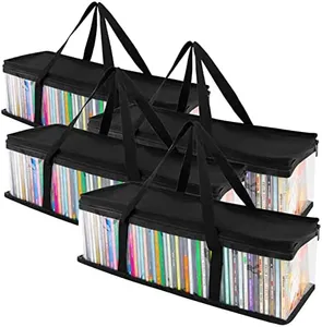 Stock Your Home CD Storage Bags (4 Pack) - Transparent PVC Media Storage - Water Resistant CD Holder Case with Handles - Clear Plastic Carrying Game Bag Storage for CDs, Albums, Video Games, Books