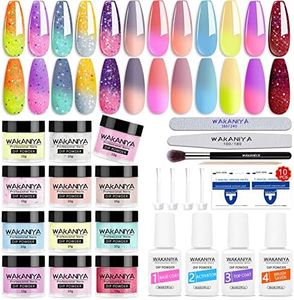 wakaniya Dip Powder Nail Kit - Sun Color Changing Dip Powder Starter Set 12 Colors Pure Glitter Dipping Powder Manicure Set with Base Activator Top Coat Tools for Beginner Professional Home Salon Diy