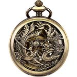 ManChDa Pocket Watch Lucky Dragon & Phoenix Vintage Mechanical Steampunk Skeleton Roman Numerals Black Fob Watch with Chain for Men Women