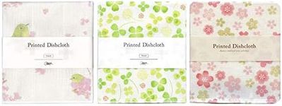 Nawrap Printed Dishcloths Set of 3, Japanese White-Eye + Clover + Flower