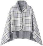 WINKEEY Women Multiway Plaid Poncho Shawl Wrap Fleeced Wearable Blanket Ultra Soft Sherpa Flannel Cape, Light Gray