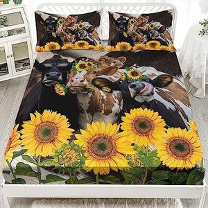 Axolotl Highland Cow Flower Bed Sheets Queen,Cattle Sheet Set Sunflower Bedding,Wildlife Farmhouse Cow Flat Sheet,Western Funny Animal Sheets for Kids Teens,1 Flat Sheet 1 Fitted Sheet 2 Pillow Cases