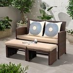 OC Orange-Casual Outdoor Loveseat 3 Piece Patio Furniture Set Outdoor Conversation Set All-Weather Wicker Love Seat with Ottoman/Side Table, Brown Rattan, Beige