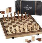 PlayVibe Wooden Chess Set 15'' - Checkers & Chess Board Game with 2 Extra Queens - Handmade Sets for All Ages - Family, Travel Board Games