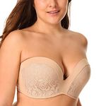 Delimira Women's Strapless Bra Padded Push Up Underwired Support Lift Plus Size Lace Bandeau Bra Beige 40DD