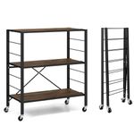 COSTWAY 3/4/5 Tiers Foldable Shelving Unit, Standing Storage Cart Shelves with Adjustable Shelf & Detachable Wheels, Metal Shelving Rack Organizer for Home Garage (MDF 3 Tier Shelf, Black+Brown)