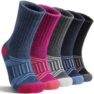 EBMORE Womens Merino Wool Hiking Socks Thermal Warm Winter Boot Crew Cushion Work Gift Socks 5 Pairs(Dark Blue/Rose Red/Dark Gray/Black,L)