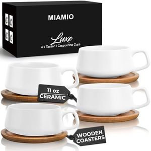 MIAMIO – 320 ml, Set of 4 Ceramic Tea Cup and Saucer Bamboo/Tea Mug - Wide Cappuccino Cup, Coffee Cups Ceramic Mug for Cappuccino, Latte, Espresso & Americano - Luxe Collection (White)