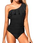 Yonique Women's Two Piece Swimsuits One Shoulder Tankini Tummy Control Bathing Suits Ruffle Swimwear, Black, Small