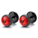 Mens Womens Black Circle Stud Earrings with 6mm Spiked Red Cubic Zirconia, Steel Fake Gauges Plugs(CA)