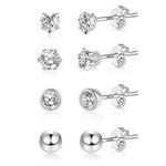 ASH'S CHOICE Sterling Silver Stud Earrings Set, 4 Pairs Multipack Small Stud Earrings for Women, Hypoallergenic 925 Sterling Silver Zircon Diamond Ball Heart Studs Cartilage Piercing Stud Earrings