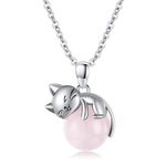 Vadmans Cat Necklace 925 Sterling Silver Rose Quartz Pendant Jewelry for Women Girls Cat Lover Gifts