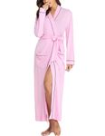 Sykooria Womens Lightweight Cotton Knit V Neck Long Kimono Robes Bathrobe Soft Sleepwear Loungewear Pocket Dressing Gown for Women(Pink,M)