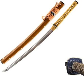 HMS Japanese Samurai Wakizashi Plum Blossom Sword, Warrior and Fuju Tsuba, Hand Forged, 1045 Carbon Steel Damascus Blade, Brown Scabbard with Golden Dotted Patern, Sharp, Functional