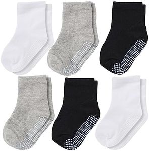CozyWay Non-Slip Crew Grip Kids Socks, 6 Pack for Boys & Girls, Black/White/Gray, 7-9 Years Old