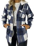 Ladies Check Oversized Hooded Fleece Jacket Shacket Casual Winter Shirt (Navy, 8-10)