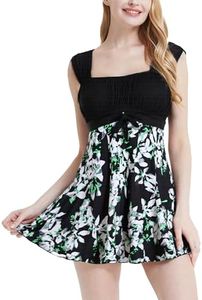 wantdo Women's Plus Size Swim Dress One Piece High Waist Swimsuit Pear Flower 12-14