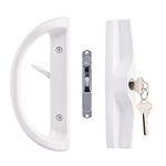 Sliding Patio Door Handle Set with Key Cylinder and Mortise Lock, Full Replacement Handle Lock Set Fits Door Thickness from 1-1/2" to 1-3/4", 3-15/16” Screw Hole Spacing, Reversible Design(Non-Handed)