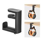 KIWIFOTOS Headphone Stand Holder Under Desk, PC Gaming Headset Hook Hanger Mount with 360 Adjustable Rotating Arm Clamp & Built in Cable Clip - Black