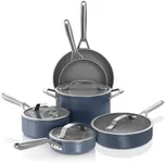 Ninja NeverStick Ceramic Pro 10-Piece Cookware Set, Non-Stick Pots & Pans Set with Glass Lids, Ceramic Coated, Stainless Steel Handles, Oven Safe, All Stovetops & Induction Compatible, Blue, CW39010MM