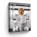 Funny Dog Sitting in Toilet Bathroom Decor Wall Art Black and White Dog Pictures Farmhouse Bathroom Animals Painting for Toilet Bathroom Dog Artwork Framed 12"x16"